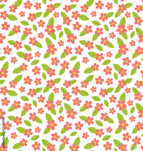 Seamless colorful pattern with small flowers and leaves. Vector cartoon backdrop in flat style