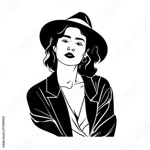 Detailed black and white illustration of a woman with a stylish hat isolated on transparent background