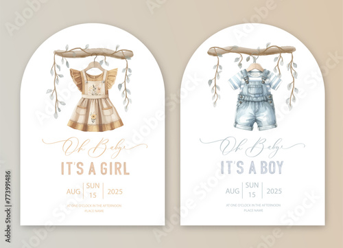 Cute baby shower watercolor invitation card for baby and kids new born celebration. Its a girl, Its a boy card with baby dress.