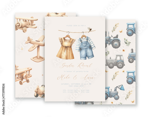 Cute baby shower watercolor invitation card for baby and kids new born celebration with baby clothes and toys.