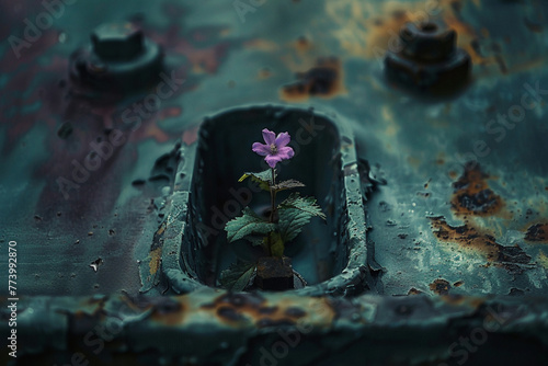 Imagine a close-up shot of a small flower plant growing in the crevices of a derelict spacecraft drifting through the void of space, a beacon of life in the darkness