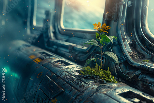 Imagine a close-up shot of a small flower plant growing in the crevices of a derelict spacecraft drifting through the void of space, a beacon of life in the darkness