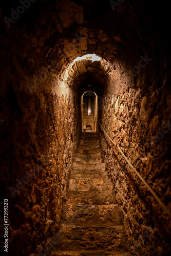 Ancient secret passage or tunnel with stairs through the ancient walls of Dracula Castle, Bran Castle, Törzburg or Castelul Bran in Bran Village, Transylvania in Romania, 16.07.2023	 (0355)
 photo