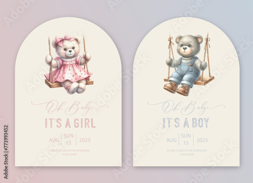 Cute baby shower watercolor invitation card for baby and kids new born celebration. Its a girl, Its a boy card with plush toy teddy bear rides on a swing.