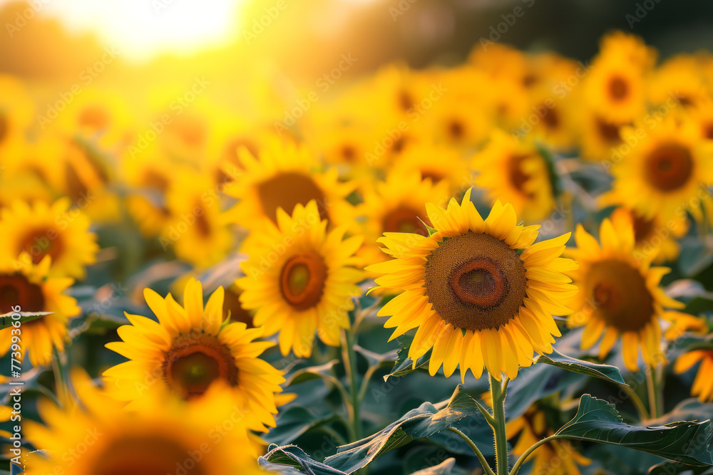 A field of sunflowers under the bright sun in the background