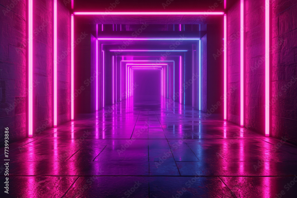 A long hallway is illuminated by vibrant pink and blue neon lights, creating a striking visual effect A long hallway is illuminated by vibrant pink and blue neon lights, creating a striking visual effect