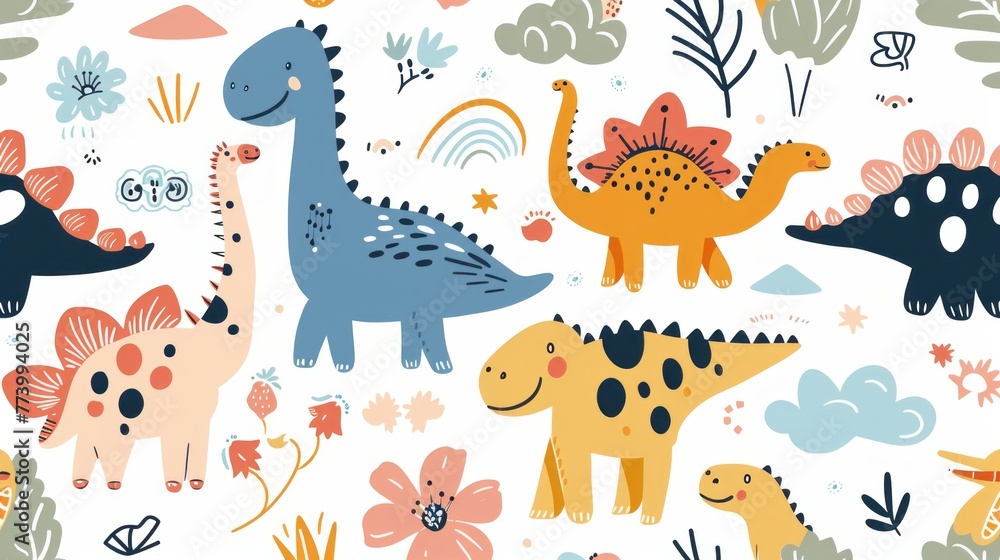 A cute kawaii design with dinosaurs, clouds, flowers, trees, rainbows and dinosaur patterns. Minimalistic illustration style similar to Crayon doodle drawing artwork A cute kawaii design with dinosaurs, clouds, flowers, trees, rainbows and dinosaur patterns. Minimalistic illustration style similar to Crayon doodle drawing artwork