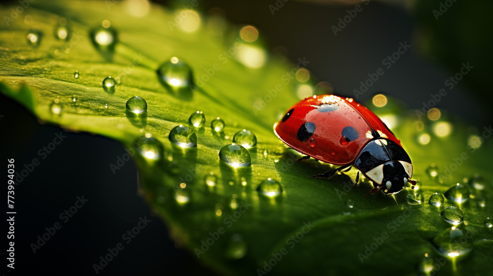 ภาพประกอบสต็อก Gros plan, zoom macro sur une petite coccinelle sur une