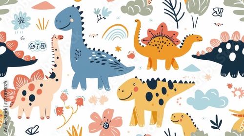 A cute kawaii design with dinosaurs  clouds  flowers  trees  rainbows and dinosaur patterns. Minimalistic illustration style similar to Crayon doodle drawing artwork