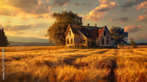 A charming country farmhouse surrounded by fields of golden wheat, its weathered facade bathed in the warm glow of the setting sun.