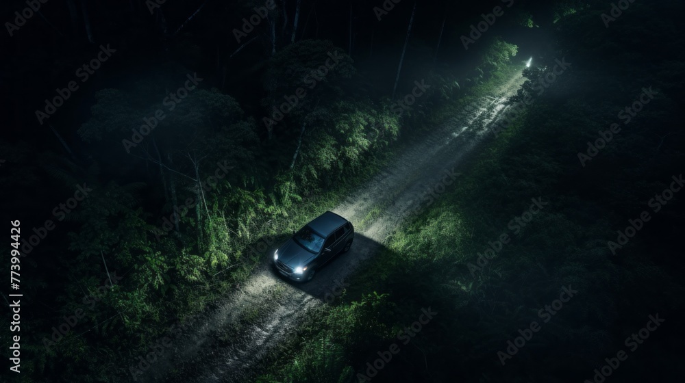 A car is driving down a dark road with trees in the background