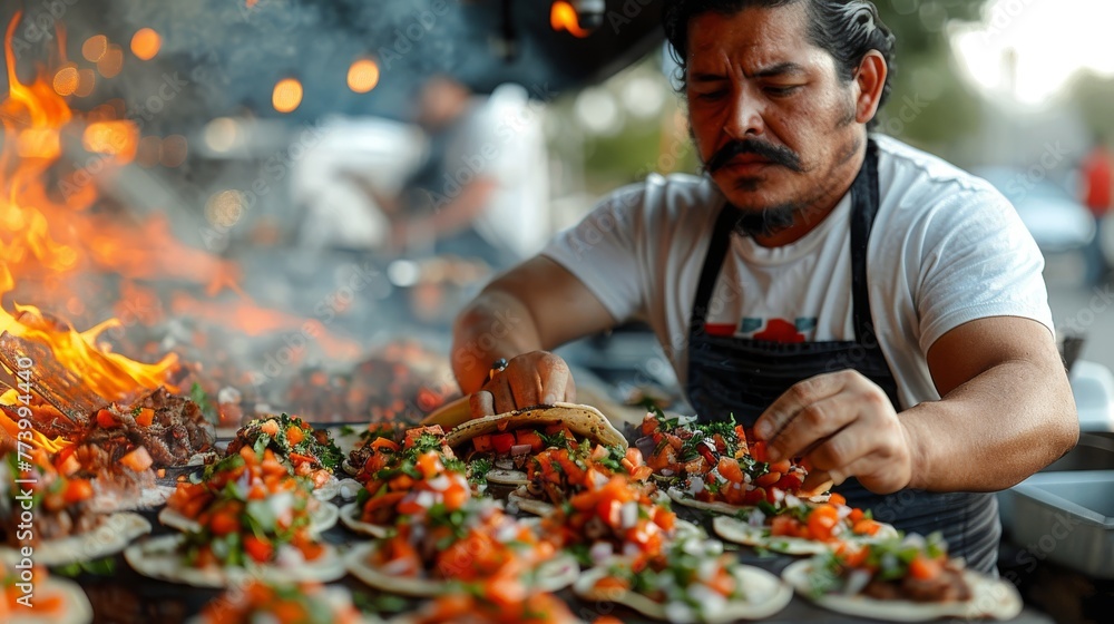 Mexican Street Tacos: A dynamic shot of street tacos being prepared, showcasing the flavors and authenticity of Mexican street food. Mexican Street Tacos: A dynamic shot of street tacos being prepared, showcasing the flavors and authenticity of Mexican street food.
