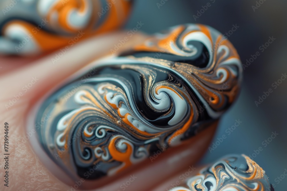 Macro shot showcasing the intricate swirls and metallic details of nail art.