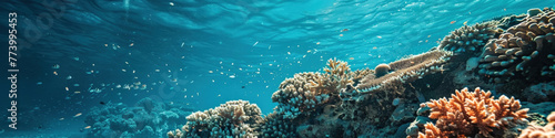 The image showcases a thriving coral reef ecosystem teeming with various species of fish and marine life. Colorful corals create a rich and diverse underwater landscape