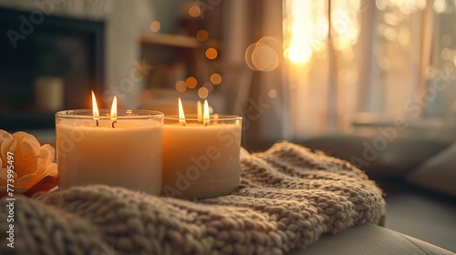 Artisanal candles set up in a cozy home environment  creating a warm and inviting atmosphere for candle product ads.