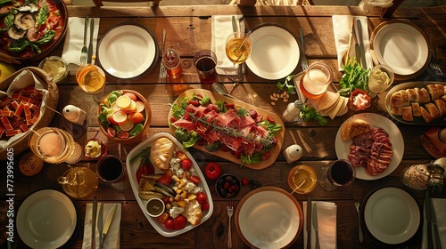 A beautifully arranged table of food and beverages with ample copy space, shot in HD quality with a