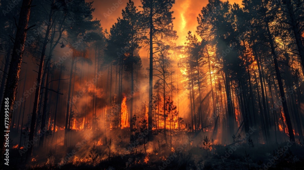 Forest fire. Burning pine trees in the forest. Conceptual image Forest fire. Burning pine trees in the forest. Conceptual image