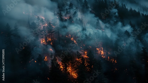 Dense forest engulfed in a wildfire at night photo