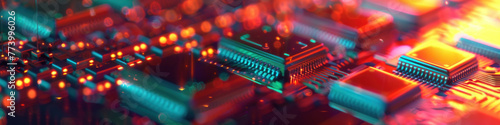 Macro perspective of a colorful electronic circuit board with glowing red lights