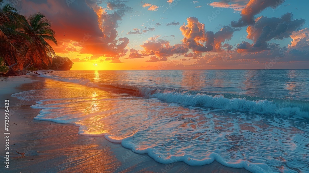 Sunrise at a Tropical Beach: A serene image of a tranquil beach at sunrise, featuring gentle waves, palm trees, and a colorful sky, perfect for relaxation themes.