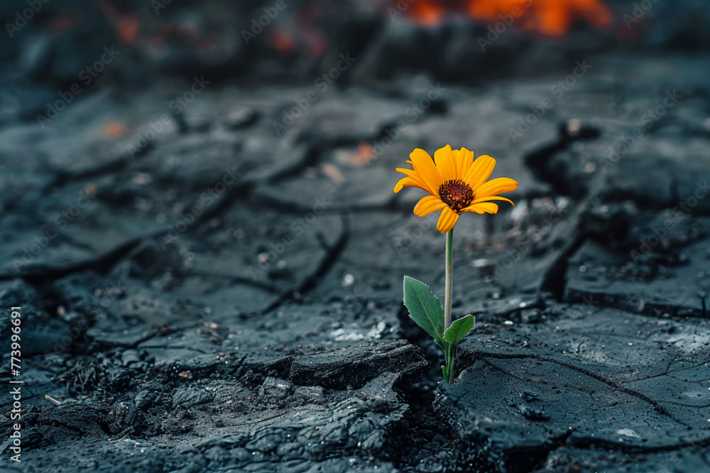 Picture a small, vibrant flower pushing through the cracks of a scorched battlefield, representing hope amidst destruction - obrazy, fototapety, plakaty 