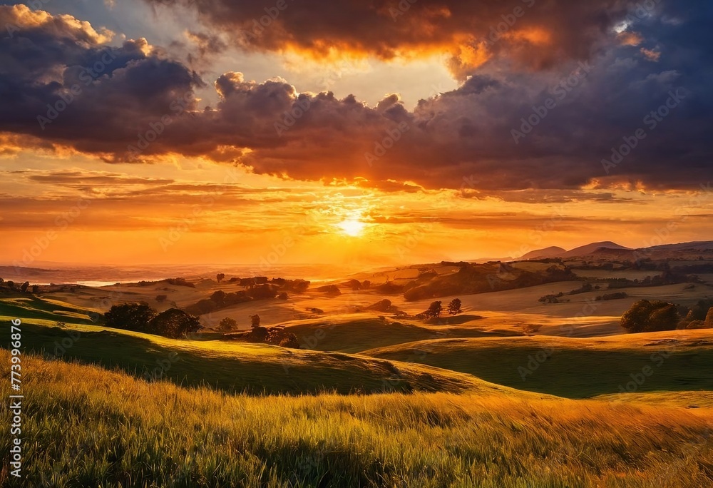 Beautiful sunset against a cloudy sky and the countryside Beautiful sunset against a cloudy sky and the countryside
