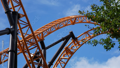 Orange-coloured roller coaster tracks of an extreme roller coaster, crossing under a blue sky and a tree in the foreground photo