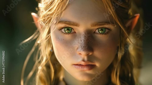 Blonde elf girl with green eyes and pointed ears. Mystical creature from fairy tale, portrait. Close-up face of attractive young woman. Magic forest background. Mythical female pixie. Fairy costume. photo