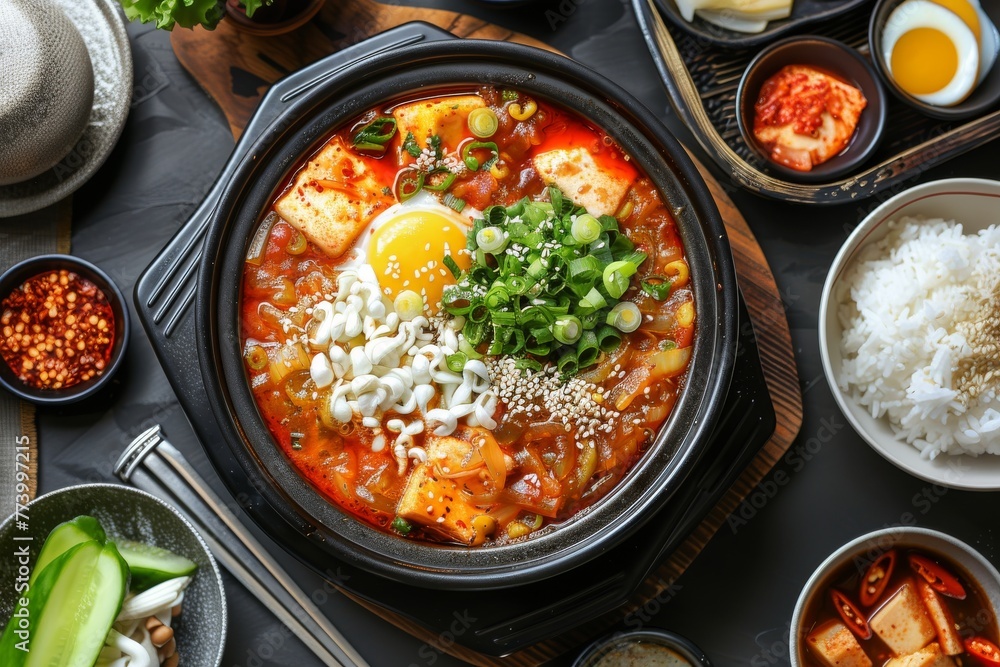 Korean dish with bibimbap noodles in a black deep plate on dark background. Ingredients, egg, noodles, enoki mushrooms, vegetables. Top view