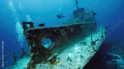 Scuba divers investigate an underwater shipwreck teeming with marine life
