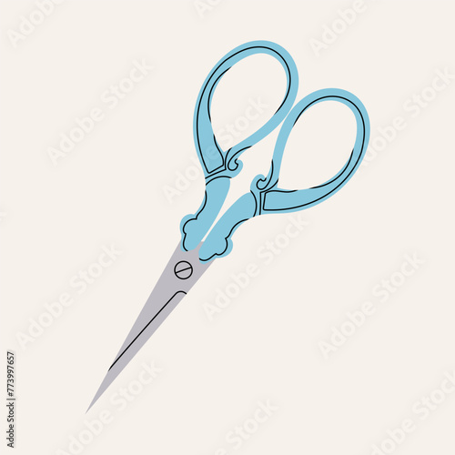 Metal vintage scissors with blue handles. Sewing or tailoring tools kit single icon in flat style vector symbol stock illustration. Vector stock illustration with various scissors for grooming.