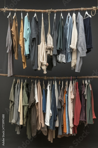 Various garments neatly arranged on a clothes line outdoors © sommersby