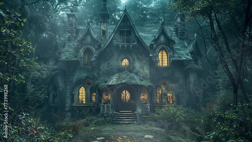 Creepy building without inhabitants in a foggy forest, for horror background. seamless looping 4k time-lapse animation video background