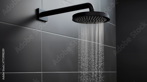 Zoom sur un pommeau de douche allumé, dans une douche au carrelage gris anthracite. Eau chaude qui coule, jet, goutte d'eau, buée. Salle de bain, salle d'eau. Architecture moderne et contemporain.  photo