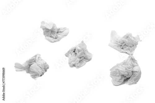 Set of crumpled tissue paper. Used screwed paper tissue isolated on white background. Personal hygiene