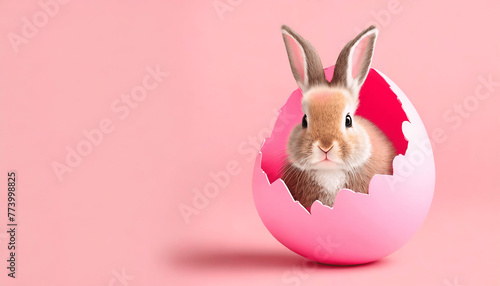 easter bunny and egg. Easter bunny hatching from an Easter egg on a pink background © Aziza Mukanova