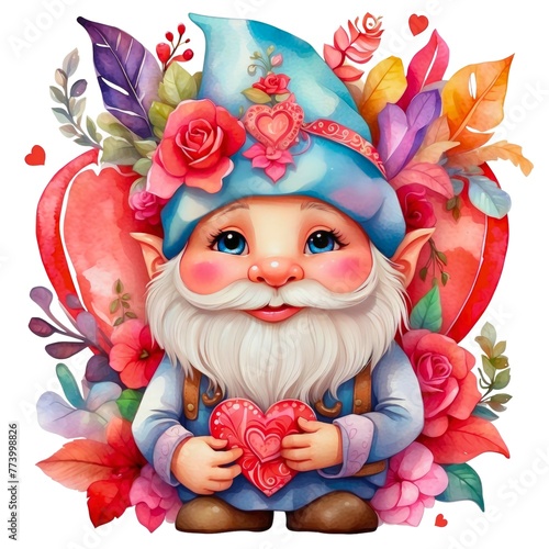 Watercolor illustration of a cute adorable Valentine's Day gnome with heart with flowers on isolated white background.
