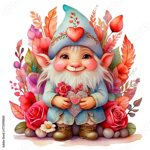 Watercolor illustration of a cute adorable Valentine's Day gnome with heart with flowers on isolated white background. 
