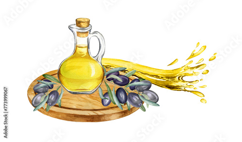 watercolor food composition with yellow olive oil in a glass bottle, brunch of olives on wooden cutting board, jet, stream of fresh oil, food illustration isolated white background