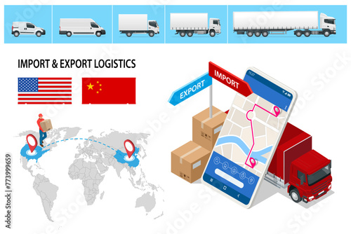 Isometric Shipping, Logistic Systems, Cargo transport. Cargo Truck transportation, delivery, boxes. Fast delivery or logistic transport. Delivery and shipping business cargo truck.