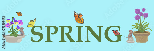 spring blue banner with mice, butterflies and allium flowers and violets