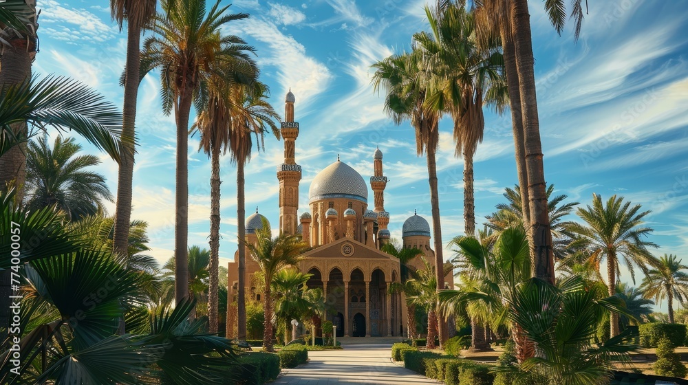 Traditional islamic mosque among the palm trees in sunny weather.
