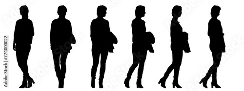Vector concept conceptual black silhouette of a woman with a jacket in hand from different perspectives isolated on white background. A metaphor for casual, fashion, relaxation, leisure and lifestyle