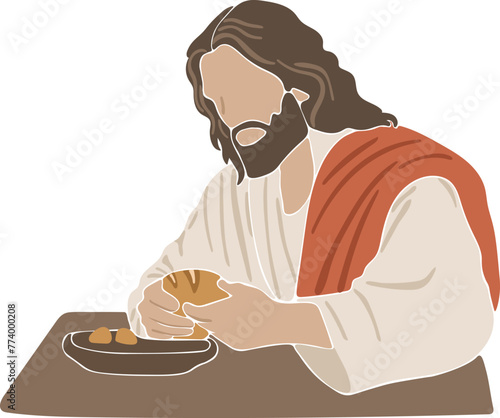 Jesus breaks the bread, the last supper, boho silhouette, christian vector illustration