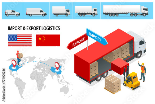 Isometric Shipping, Logistic Systems, Cargo transport. Cargo Truck transportation, delivery, boxes. Fast delivery or logistic transport. Delivery and shipping business cargo truck.