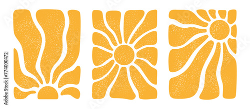 Groovy sun. Yellow textured retro sun. Posters from the 70s and 60s. Hippie style. Summer vintage patterns