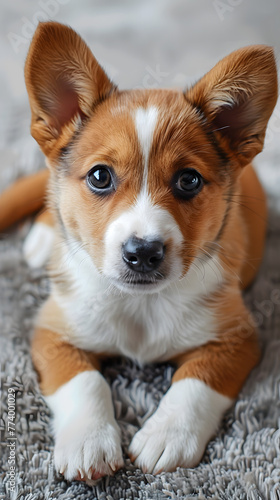 A fawn Canidae puppy with white markings gazes at the camera from a soft carpet