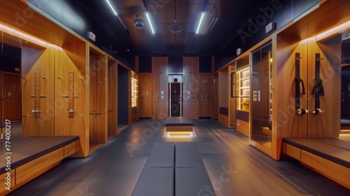 Modern Locker Room Interior With Wooden Lockers photo