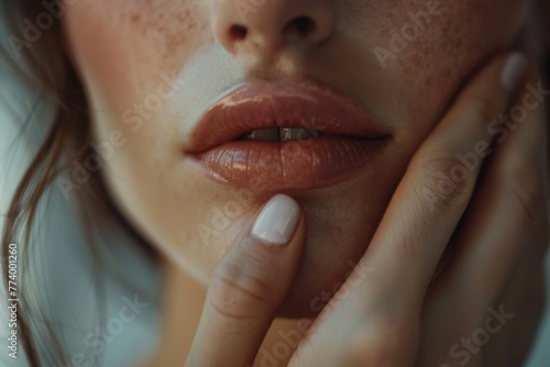 Close-up of woman running fingers along jawline exuding confidence and beauty photo
