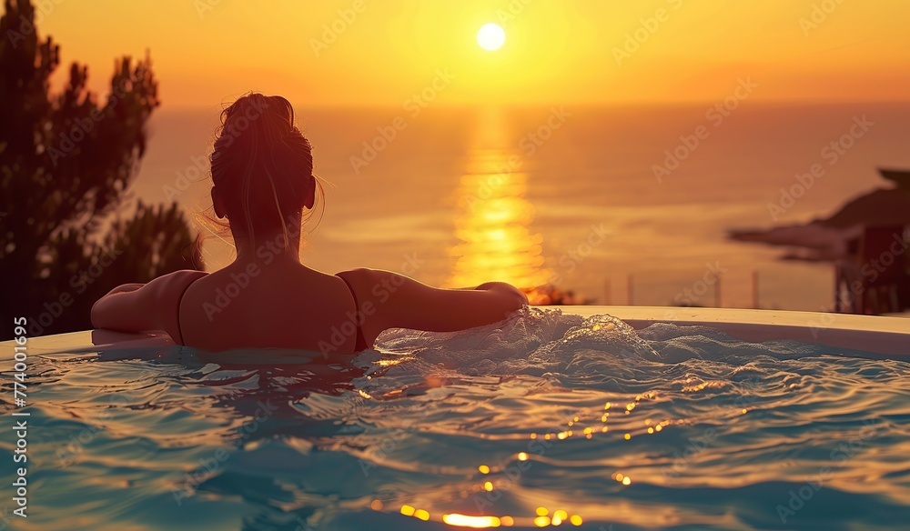 Woman at sunset in a jacuzzi overlooking the sea. Concept of luxury relaxation.